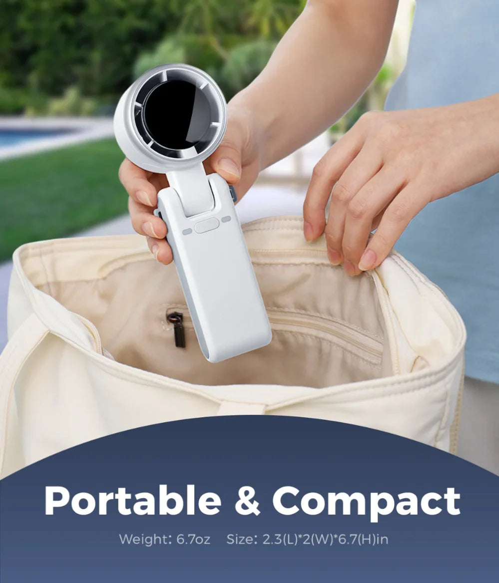 "Foldable mini turbo fan with LCD display, ideal for outdoor activities."