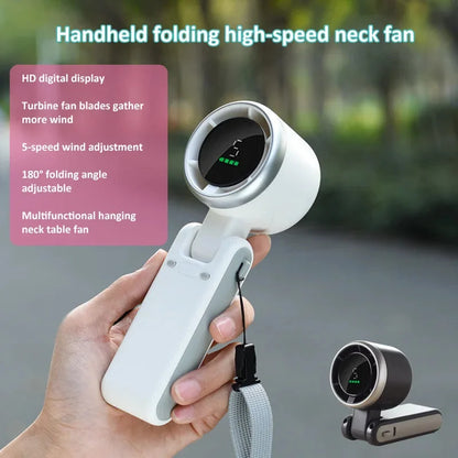 "Compact mini fan with turbo blades and LCD speed display."